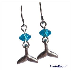 Silver Mermaid Whale Tail Earrings Aqua Bead Plated Dangle Dainty Nautical